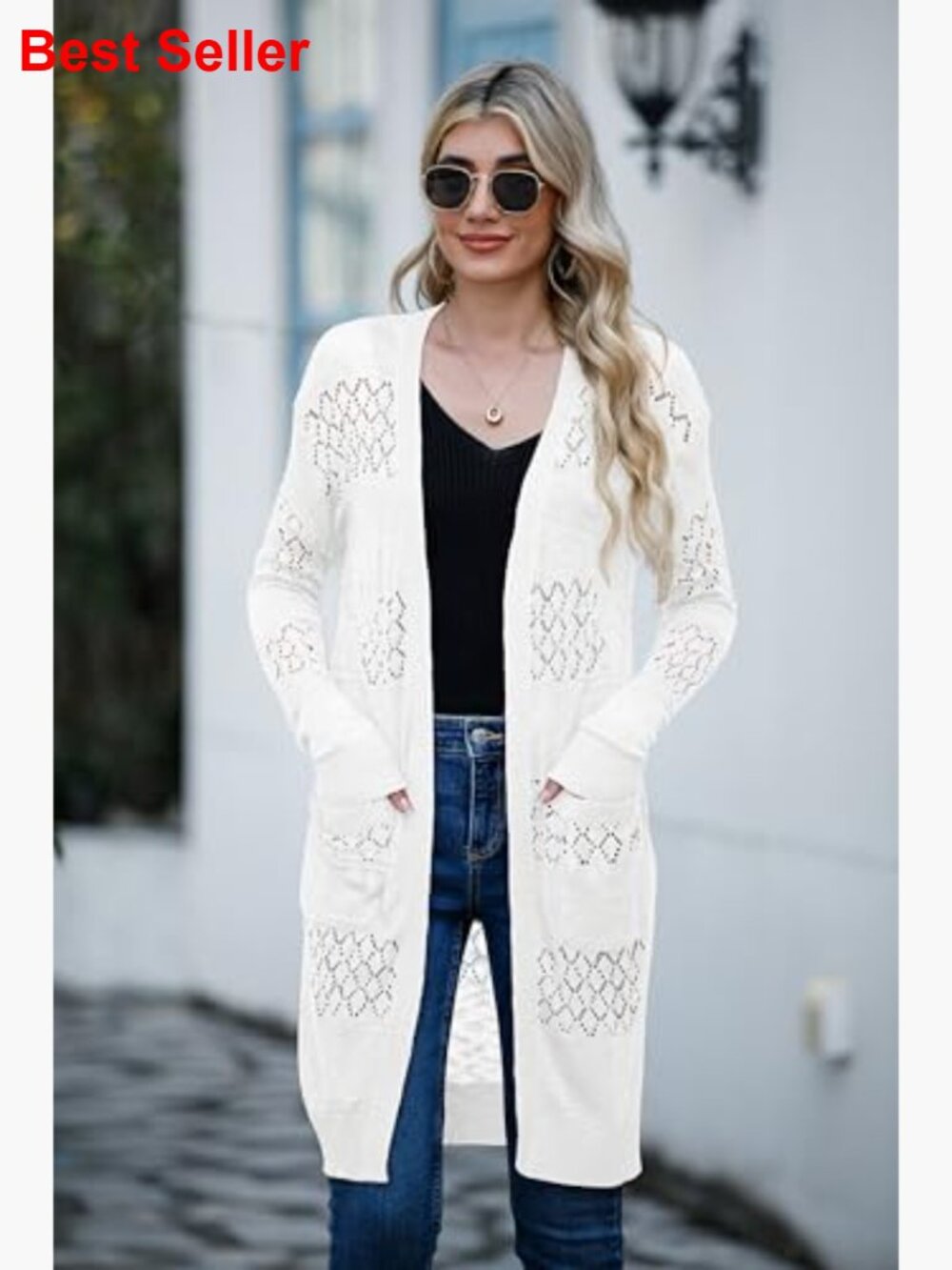 Lightweight Crochet Open-Front Cardigan Sweater with Pockets - Picture 5 of 7
